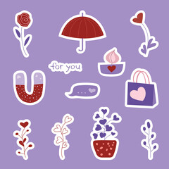 Valentine's day set of stickers with umbrella, gift, magnet, scented candle and floral. Vector illustration for february 14 gift card Very Peri colors