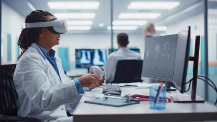 Futuristic Medical Hospital: Black Female Neurosurgeon Wearing Virtual Reality Headset Uses Controllers to Remotely Operate Patient with Medical robot. MRI Image Show Treatment of Neurological Disease - Powered by Adobe