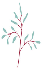 Graceful burgundy decorative twig with blue leaves. Clipart.