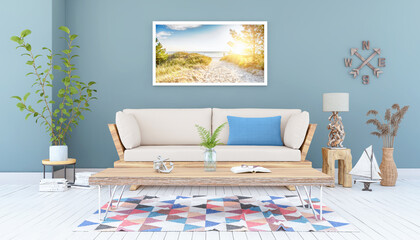 3d Illustration - Skandinavisches, nordisches Wohnzimmer mit einem Sofa, Tisch und einem Bild an der Wand - Textfreiraum - Platzhalter