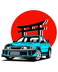 Printed roller blinds Cartoon cars Classic vintage retro legendary Japanese sports cars with Torii Gate on Japanese flag