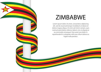 Waving ribbon on pole with flag of Zimbabwe. Template for independence day - obrazy, fototapety, plakaty