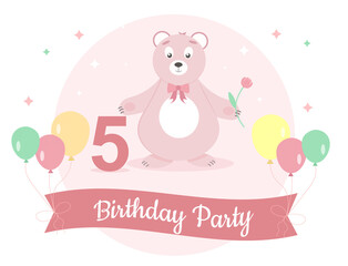 Birthday party invitation card with cute bear and balloons. 5 year