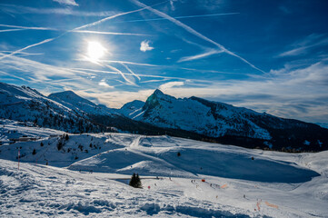 Snowy sunset from Passo Rolle. Pale di San Martino, Dolomites.