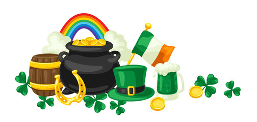 Saint Patricks Day greeting card. Holiday illustration with Irish national items.