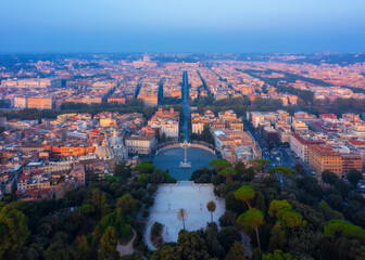 Fototapeta na wymiar Aerial view of Piazza del Popolo at sunrise