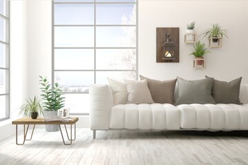 White living room with sofa and winter landscape in window. Scandinavian interior design. 3D illustration