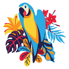 Illustration of macaw parrot with tropical plants. Exotic decorative bird, flowers anf leaves.