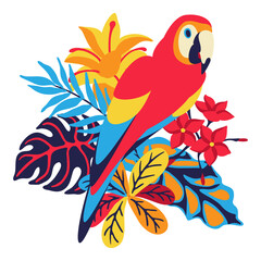 Illustration of macaw parrot with tropical plants. Exotic decorative bird, flowers anf leaves. © incomible