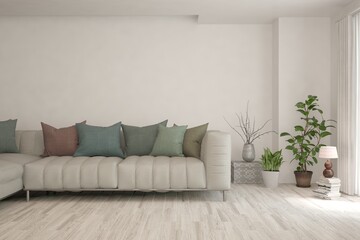 Stylish room in white color with sofa. Scandinavian interior design. 3D illustration