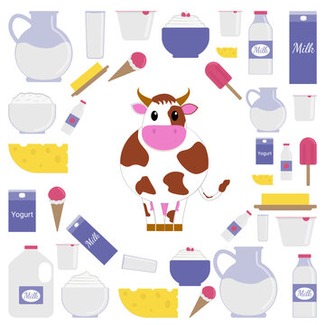 A set of dairy products with the image of a cow.