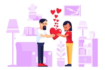 People congratulates each other on valentines day in living room. Man and woman in Love. Vector illustration.