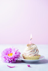 a cake with a candle and a flower, in soft pink tones. Birthday, mother's day. High quality photo