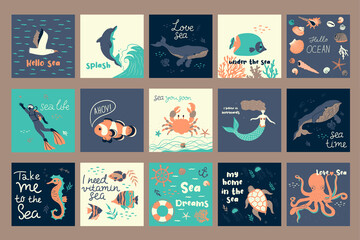 Collection of marine cards or posters with various marine animals, seashells, seaweed, aquatic plants. Vector graphics.