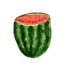 Cut watermelon in half. Watercolor hand drawn illustration isolated on white background.