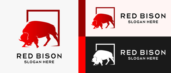 bison logo design template with red color silhouette in box. premium vector © SlametWahono