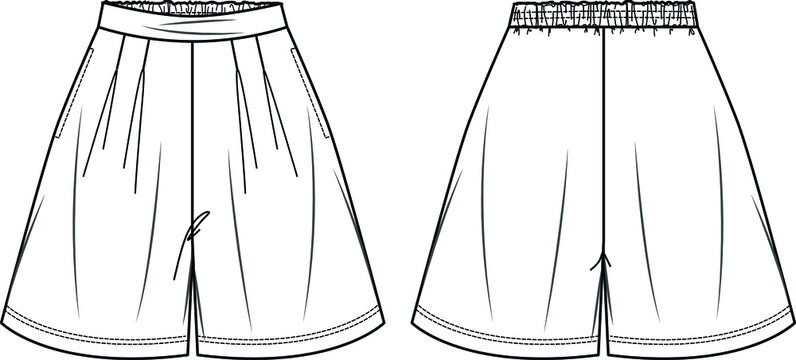 Vector mini skirt short fashion, wrapped woman skort with elasticized  waistband sketch, template, flat, technical drawing. Jersey or woven fabric  top with front, back view, white color Stock Vector