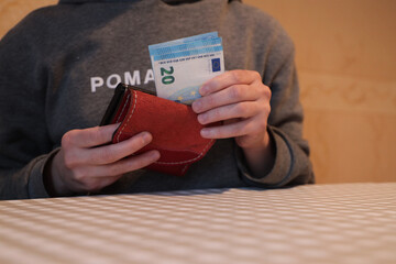 A person puts twenty euro banknote in his wallet