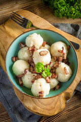 Meat stuffed potato dumplings.