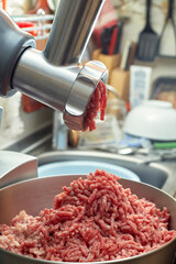 Cooking minced meat with an electric meat grinder at home. Side view