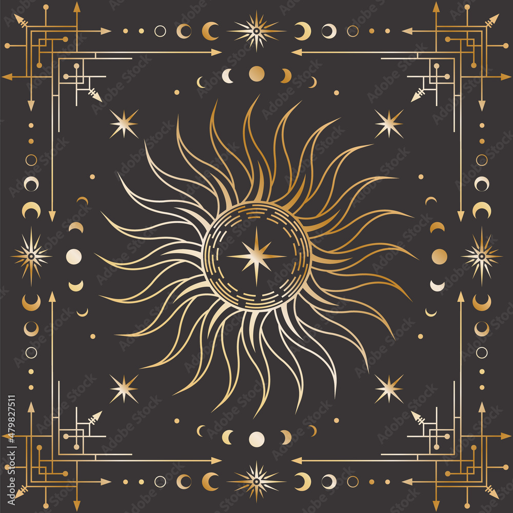 Wall mural vector golden celestial background with an ornate geometric frame with moon phases, arrows and cresc
