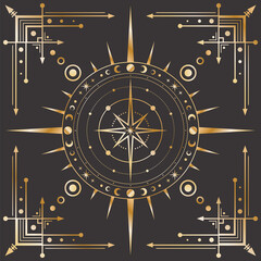 Vector golden celestial background with an ornate geometric frame with moon phases, arrows and crescents. Mystic linear square cover with a magical outline star and concentric circles