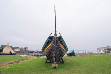 Vikingship named the Sea Stallion at the harbour of Roskilde, Denmark. The ship is a true replica of a real vikingship, and it has crossed the ocean sailing in the wake of the vikings.