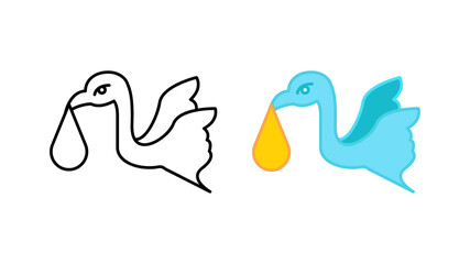 Flying stork carrying baby stroller icon special collection colorful icon set. Upload the blue striped baby vector. Design element colored flat icon and linear symbol. Editable linear icon set.