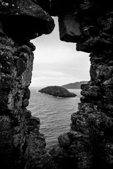 An island view from a cliffside castle window, Isle of Skye, Scotland. "A framed Island" 