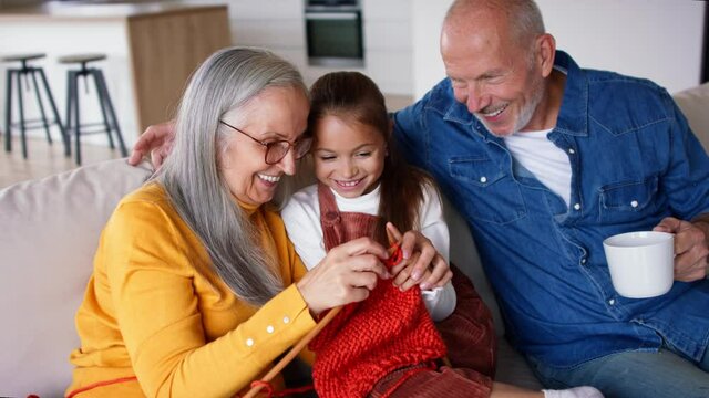 Grandmother sitting on sofa and teaching her granddaughter how to knit indoors at home.