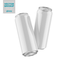 Two white glossy drink cans mockup. Vector illustration.