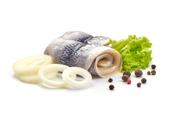 Salted herring rollmops, isolated on white background.