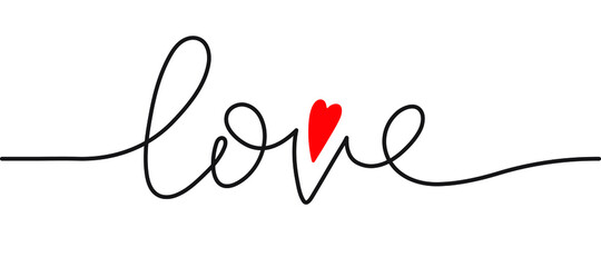 The word love written in one line. With a small heart-shaped accent graphic element. For the design of banners and cards for Valentine's Day, Mother's Day and all the holidays of love and family. 
