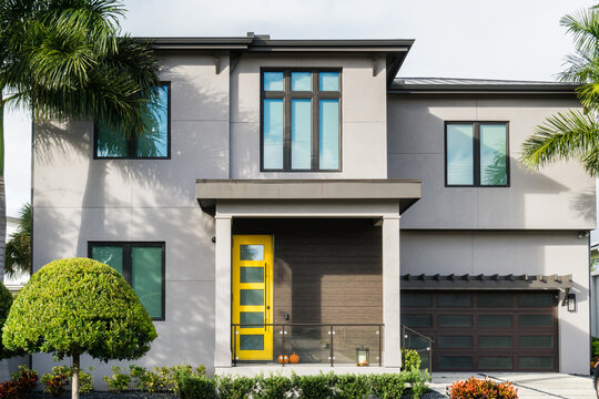 Modern Luxury House On Sunny Day In Sarasota, Florida.