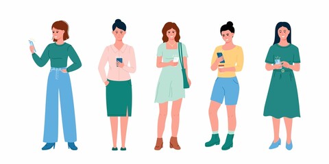 Fototapeta na wymiar Young Women Looking on Smartphones and Chatting. Happy Girls talking and typing on Phone. Female Characters collection. Flat Cartoon Vector Illustration.