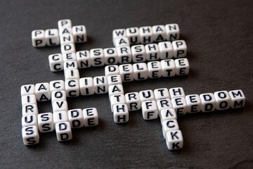 a crossword puzle with covid keywords, is covid vaccine really safe? black background