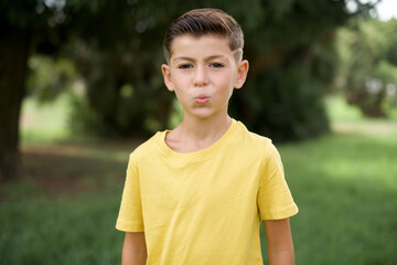 Shot of pleasant looking Caucasian little kid boy wearing yellow T-shirt standing outdoor , pouts lips, looks at camera, Human facial expressions