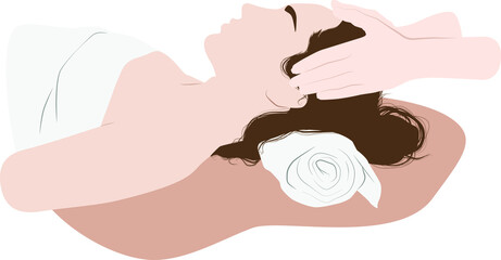 Head massage. Minimalistic illustration.  Beautiful girl has a facial massage in a beauty clinic. Relaxing massage.