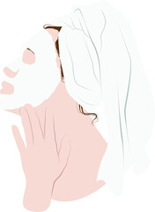 Girl with a towel on her head. Facial mask for beauty and skin care. Hydrogel face mask