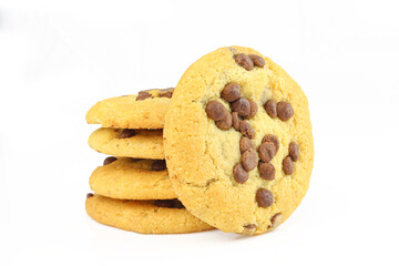 Chocolate chip round cookies isolated on white background