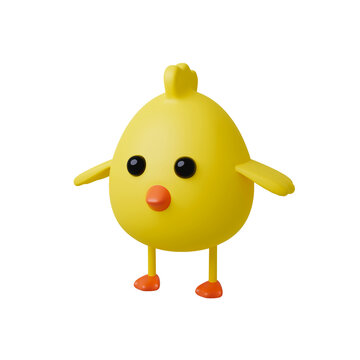 Cute yellow easter baby chicken stylized cartoon 3d render illustration. Funny little chick bird character. Isolated on white background. Farm animal.