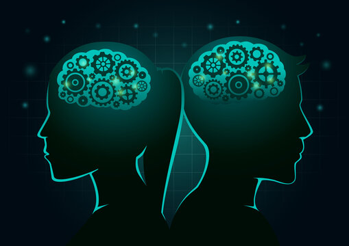 Silhouette brains of Man and woman have gears inside. Illustration about any brain work and Artificial Intelligence.