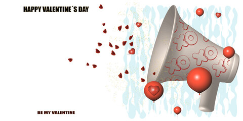 megaphone with love messages with petals and hearts. red balloons decoration. White background with turquoise abstract motifs