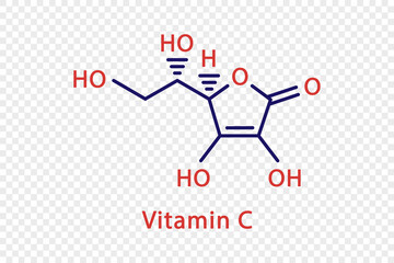 Vitamin C chemical formula. Vitamin C structural chemical formula isolated on transparent background.