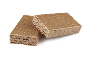 Sliced chocolate wafer bar isolated on white background