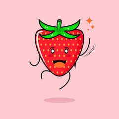 cute strawberry character with smile and happy expression, jump, one hand up, mouth open and sparkling eyes. green and red. suitable for emoticon, logo, mascot and icon