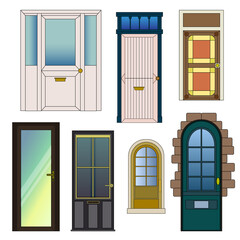 Types of doors. Design of different doors. Set of vector illustrations isolated on white background.