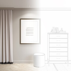 A sketch becomes a real modern interior with a vertical poster on a light beige wall, a round blue ottoman near a tall dark wood chest of drawers, light beige curtains, parquet flooring. 3d render