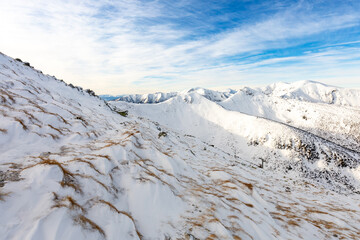 Tatra mountians at winter time. View of the white snow-capped peaks, frosty winter mountains....