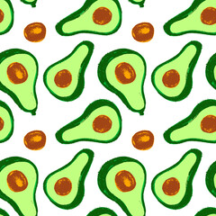 Vector avocado pattern seamless. Avocados pattern for oil label. Avocado decoration. Vegetarian background. Fabric decor. Avocados backdrop. Ornament with drawings of vegetables. Green vegan wallpaper